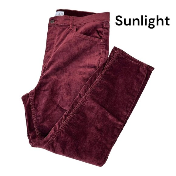 LOFT Red Maroon Burgundy Velvet Pant Women SZ 14/32 Petite-Modern Skinny - Picture 2 of 16